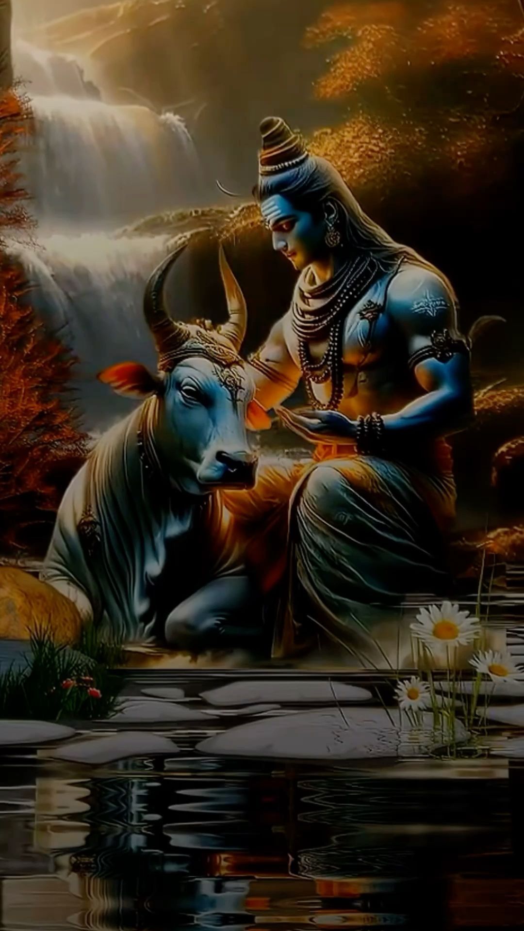 Shiva and Nandi by a waterfall