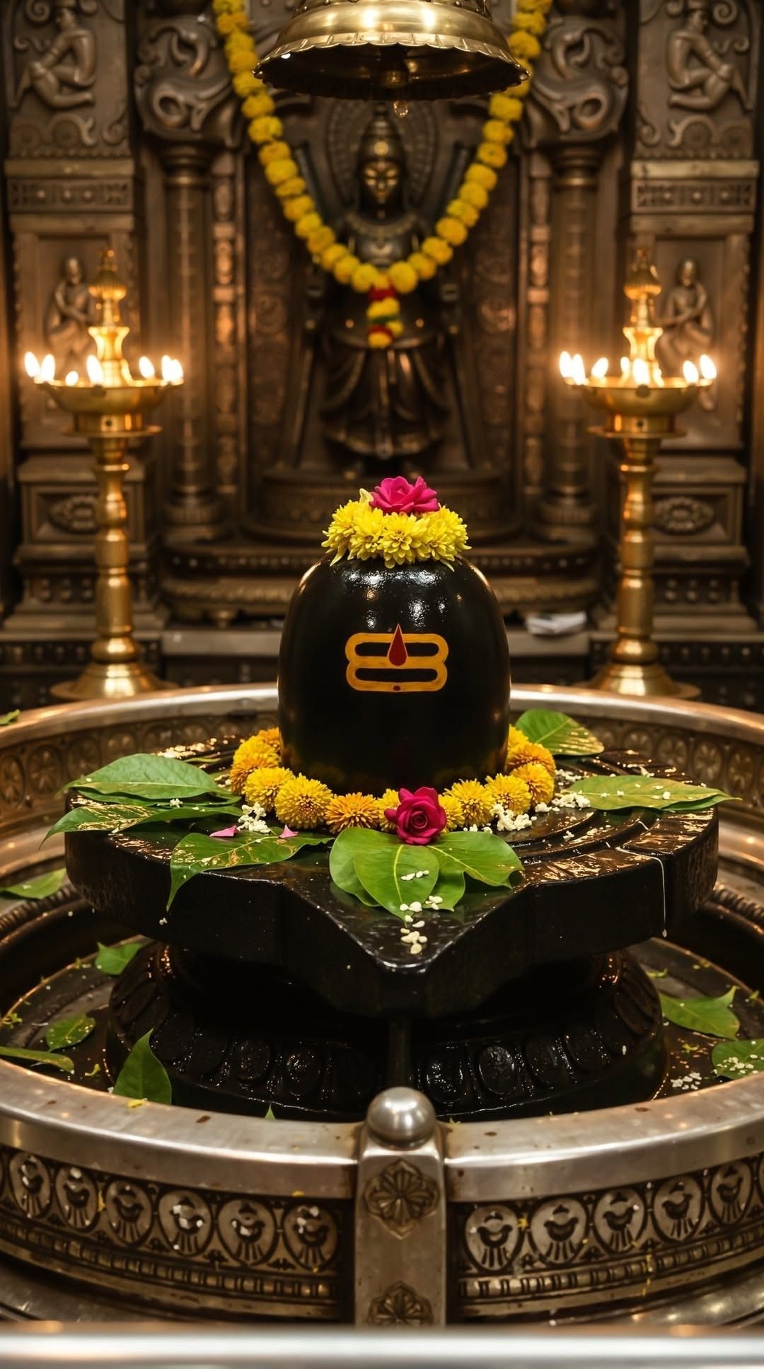 Shiva Lingam with floral offerings, temple.