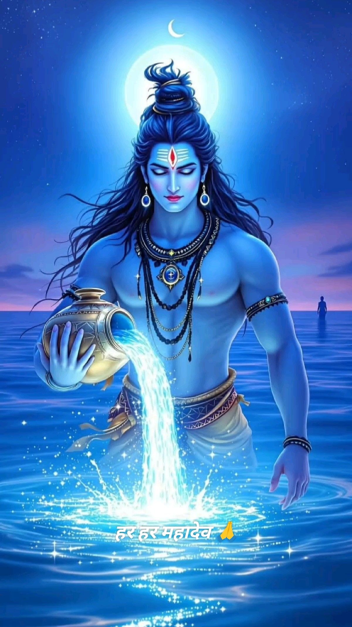 Lord Shiva stands in ocean water