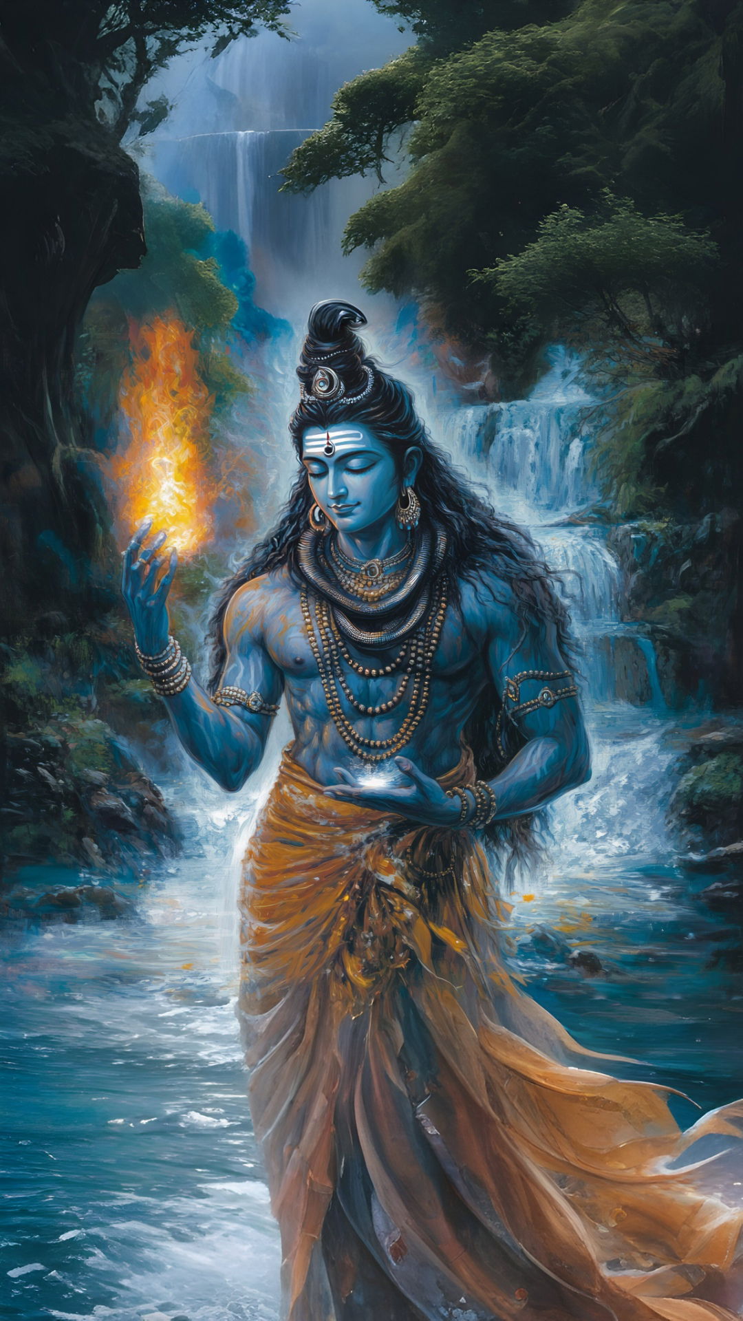 Shiva amidst waterfall, divine presence