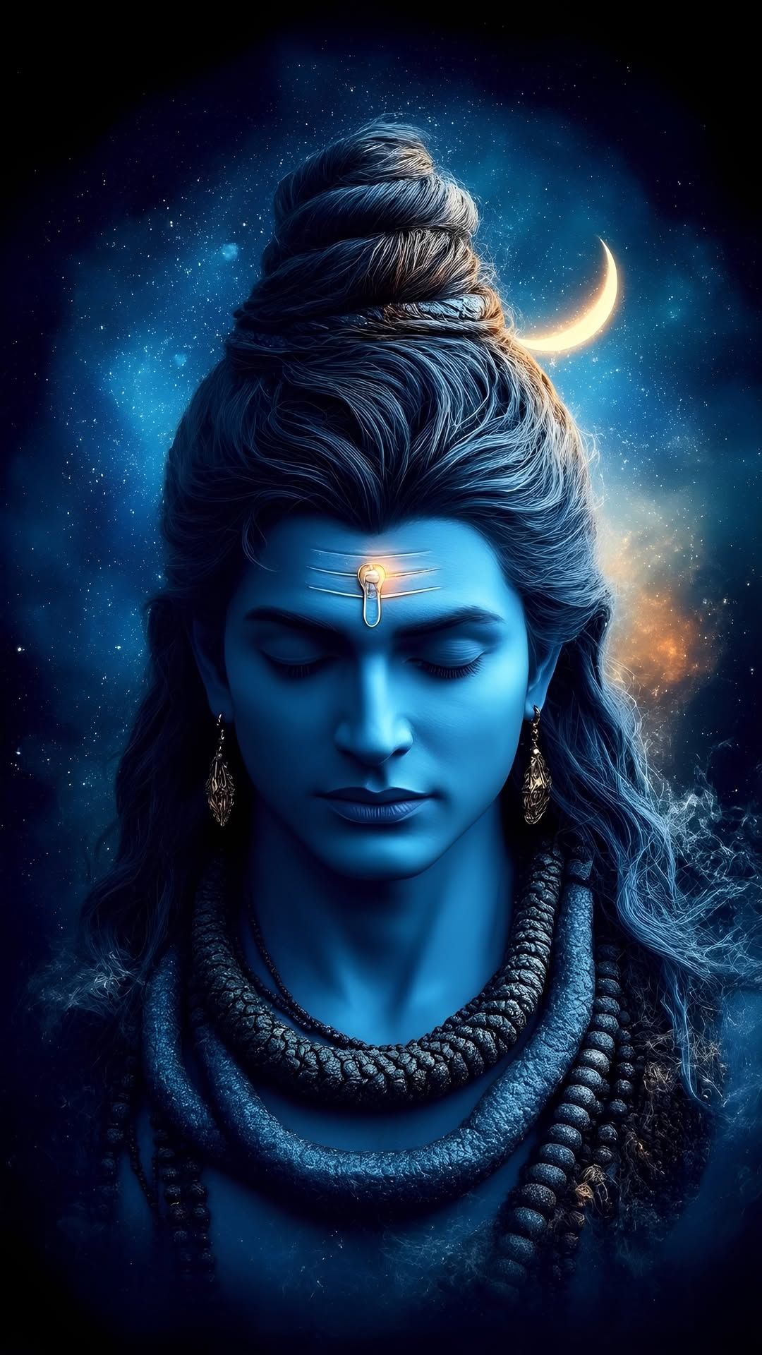 Blue-skinned Shiva with crescent moon.