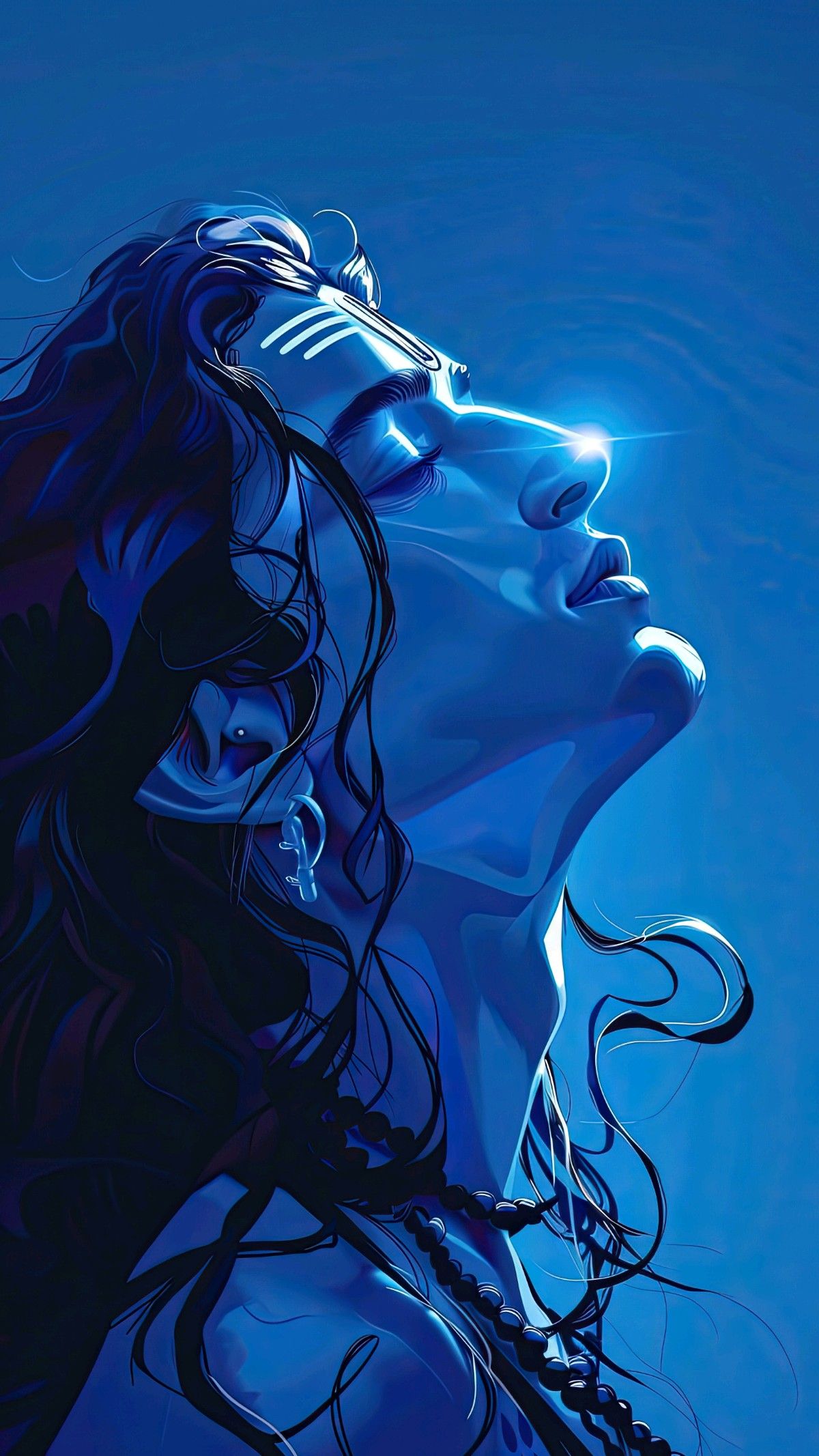 Blue Shiva portrait with third eye open.