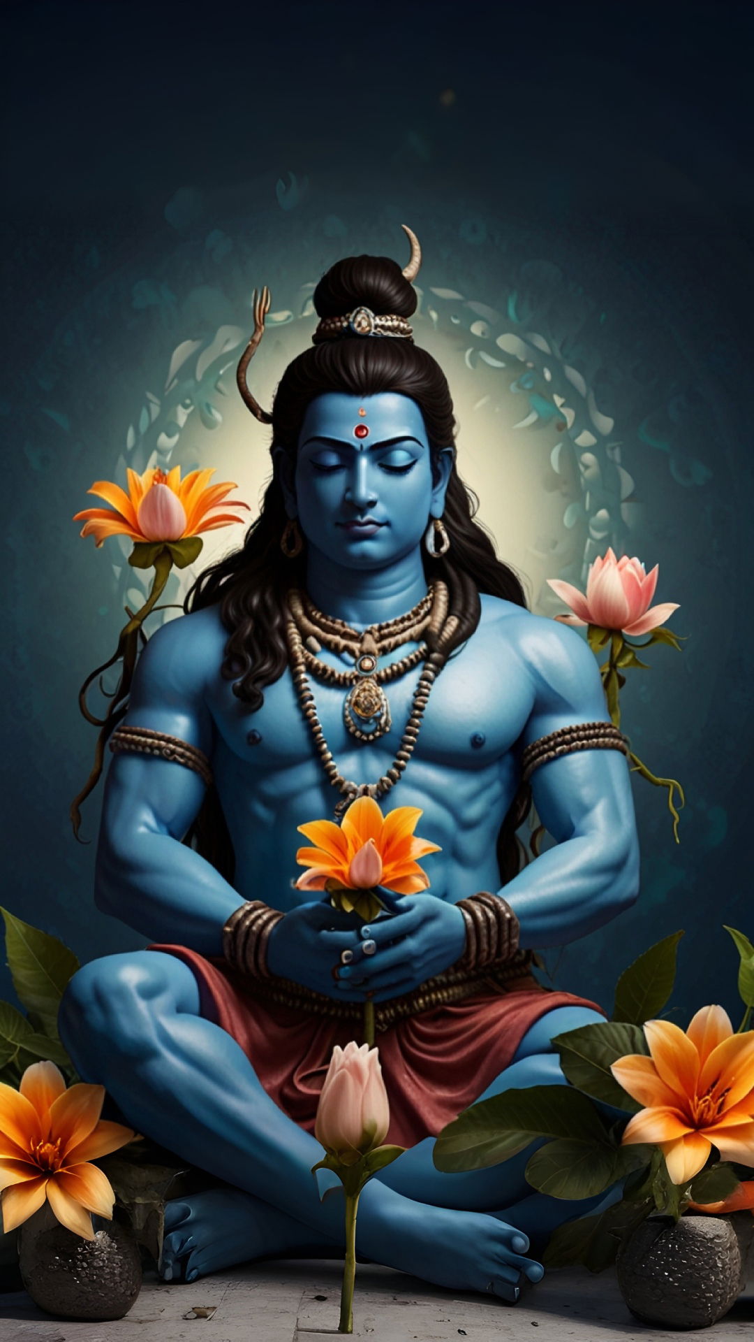 Meditating Shiva with lotus flowers