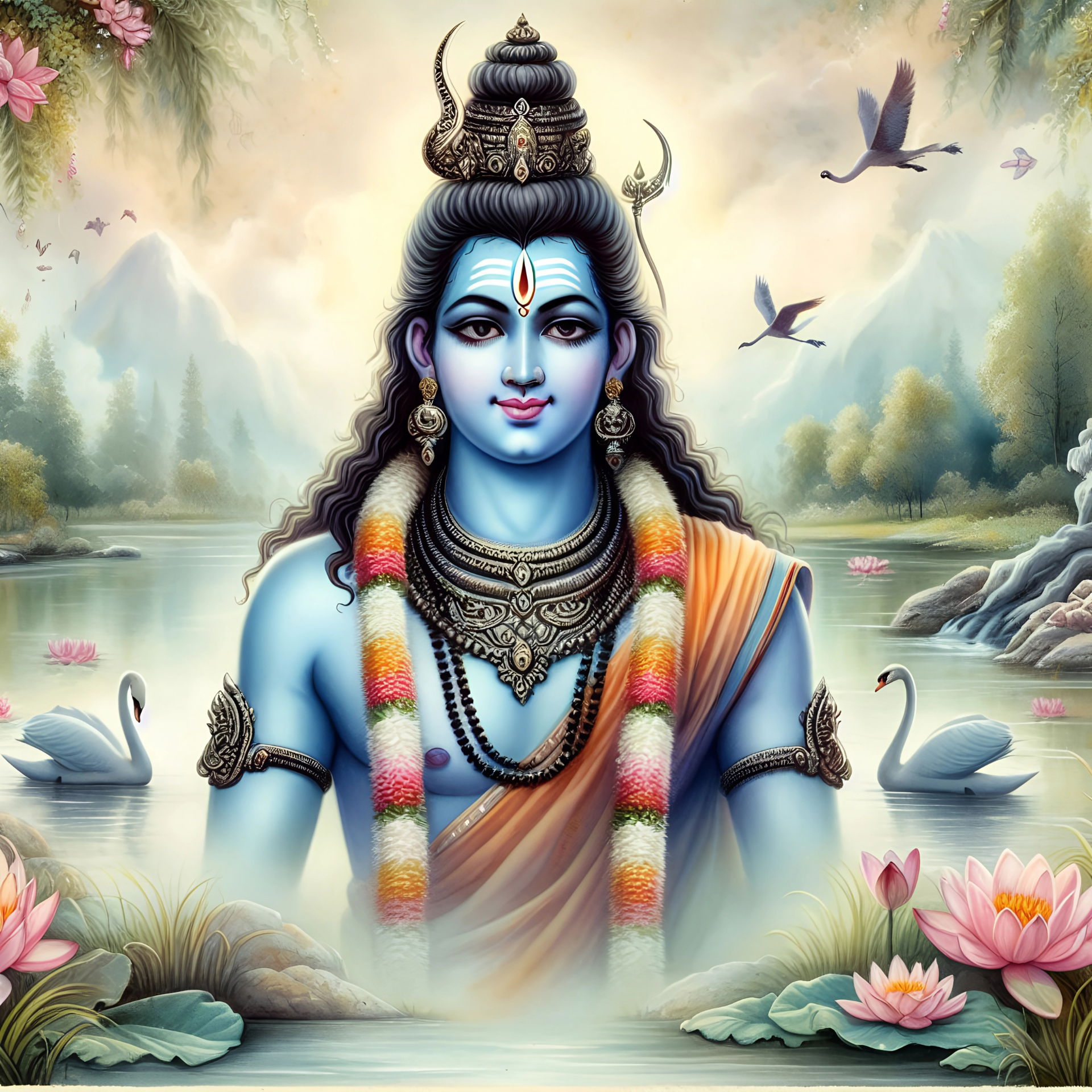 Lord Shiva rising from a serene lake