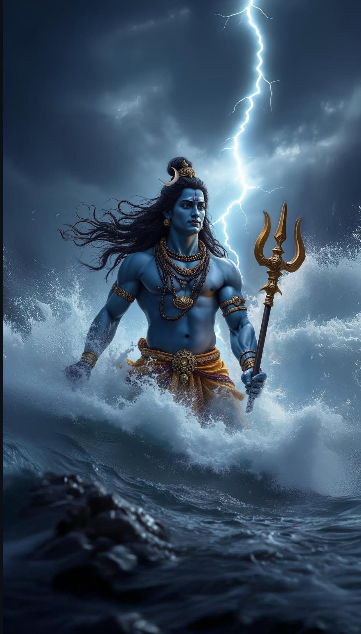 Lord Shiva emerging from stormy ocean.