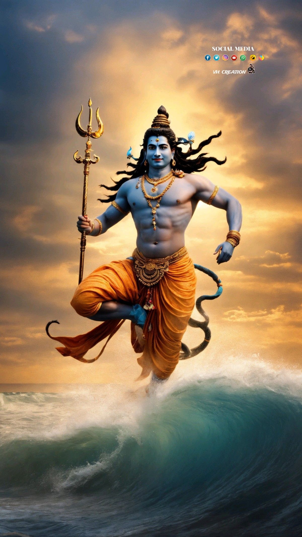 Shiva striding across a stormy ocean.