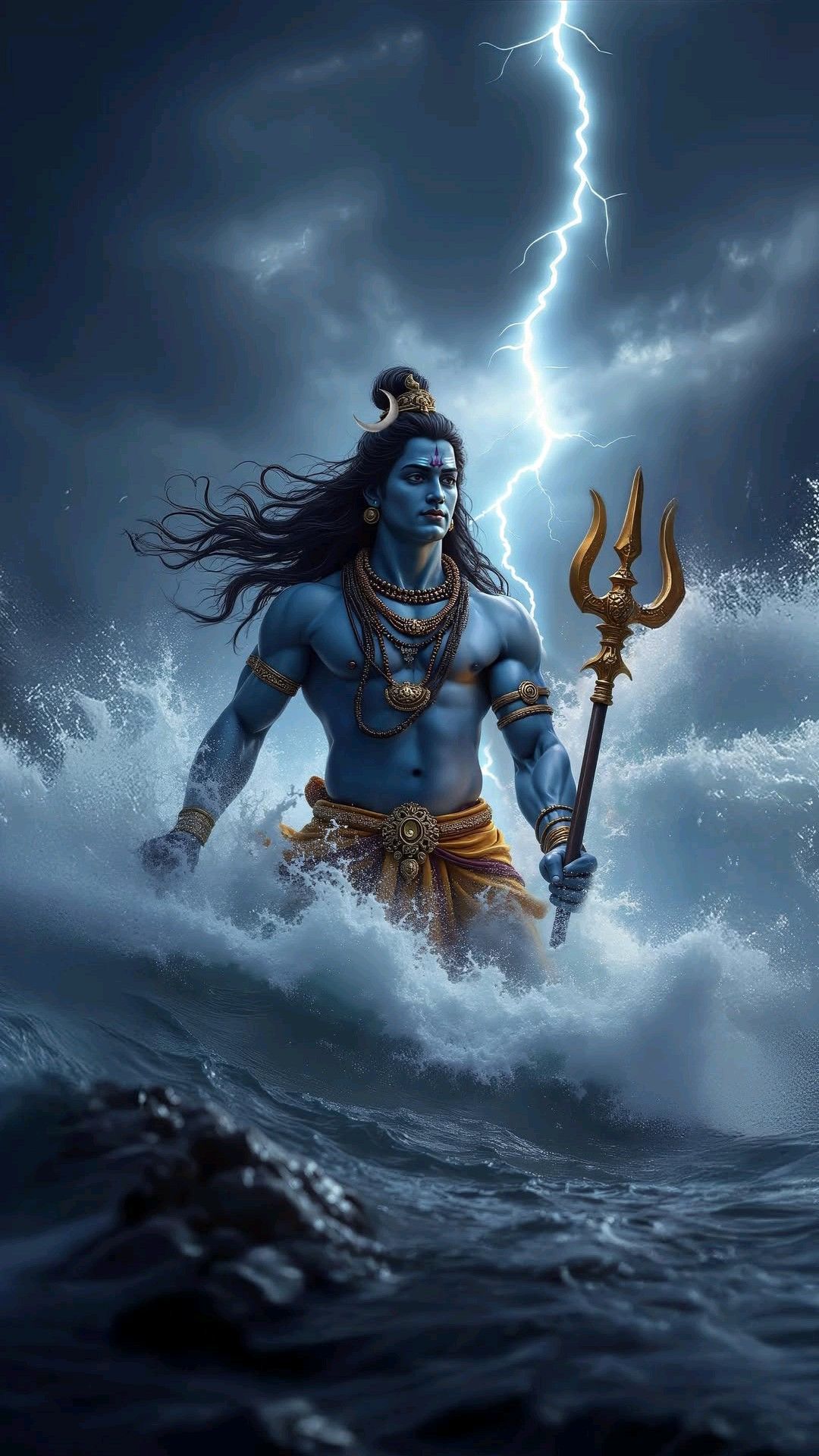 Shiva emerging from stormy ocean waves.