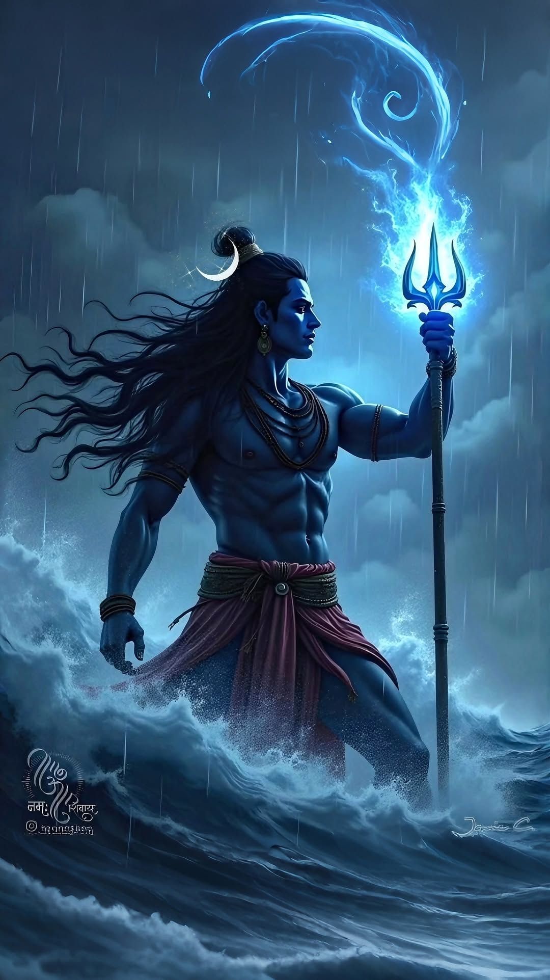 Powerful Shiva rising from stormy sea