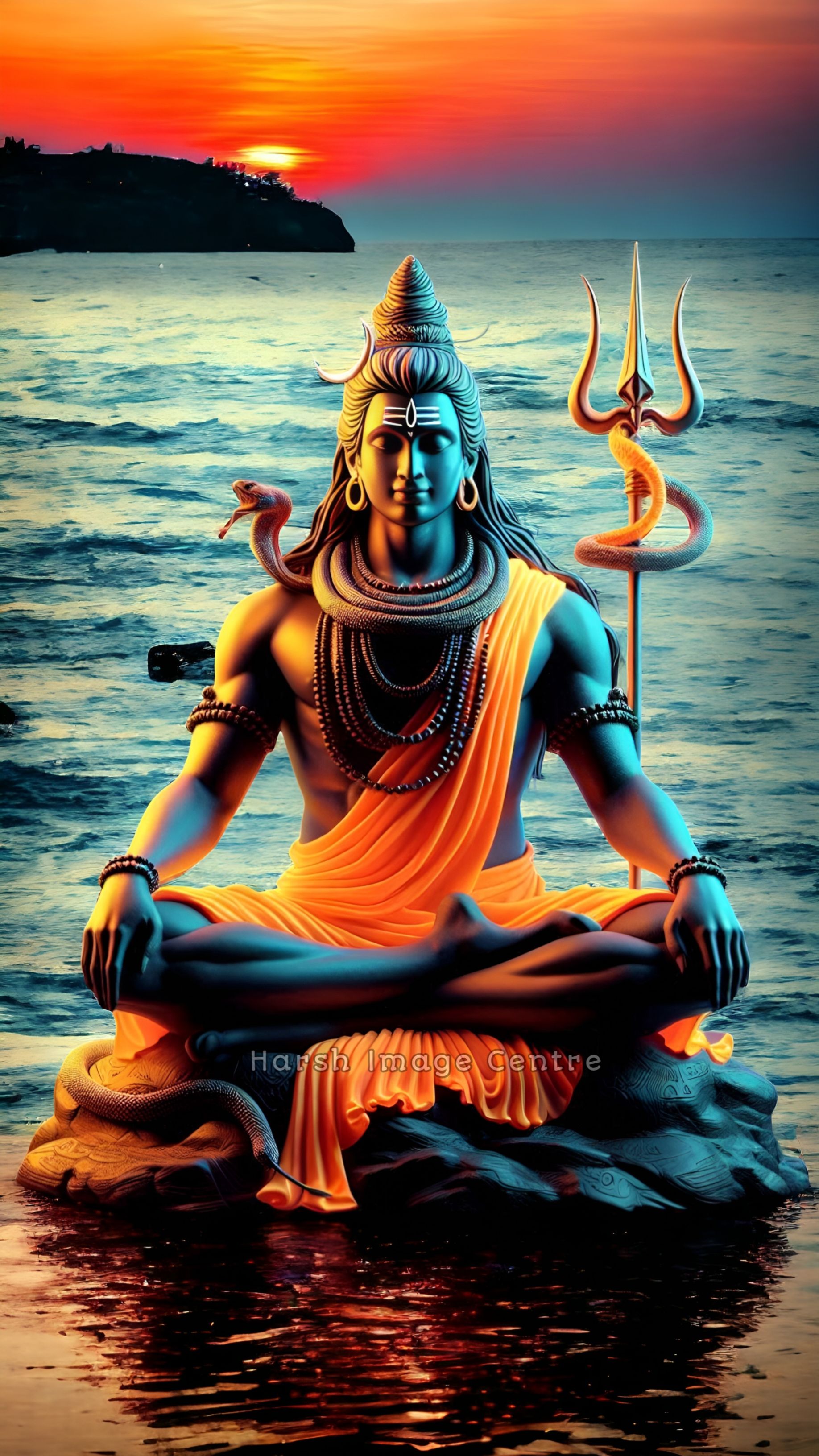 Shiva meditating in the ocean sunset.