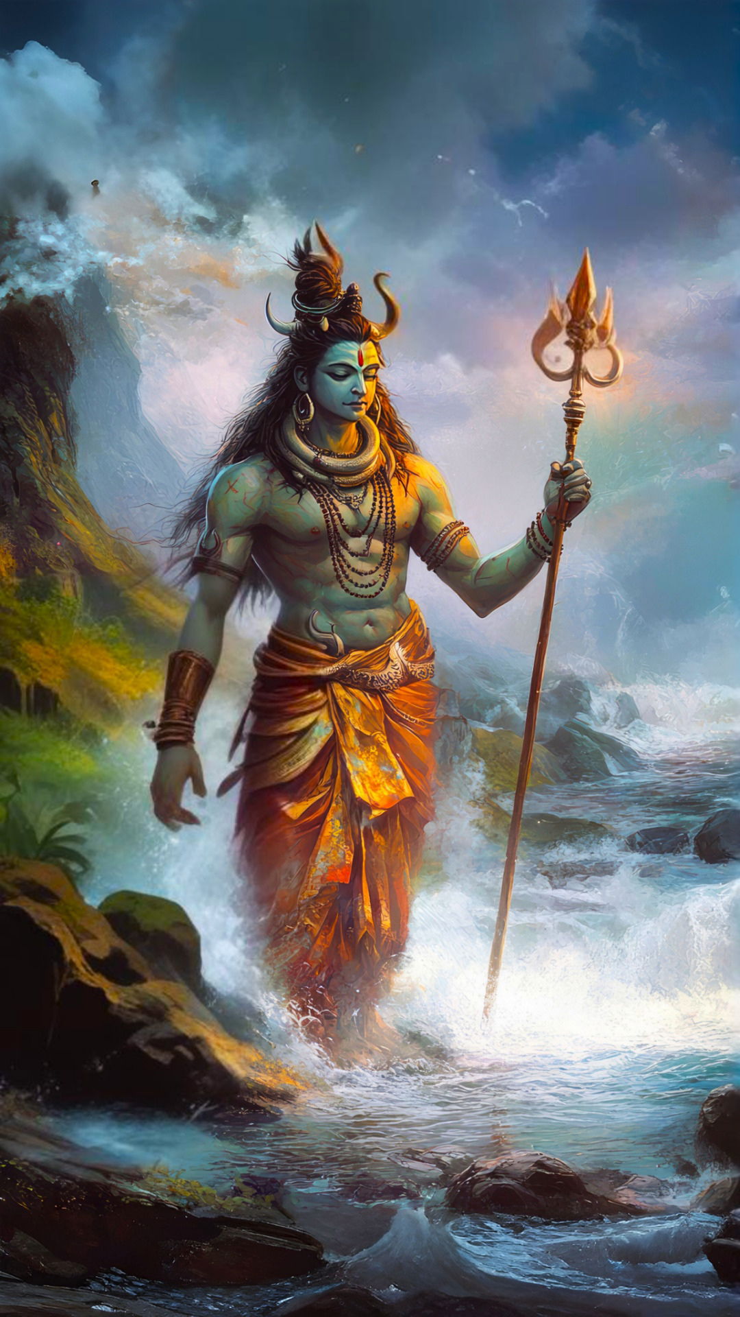 Shiva emerging from flowing river water