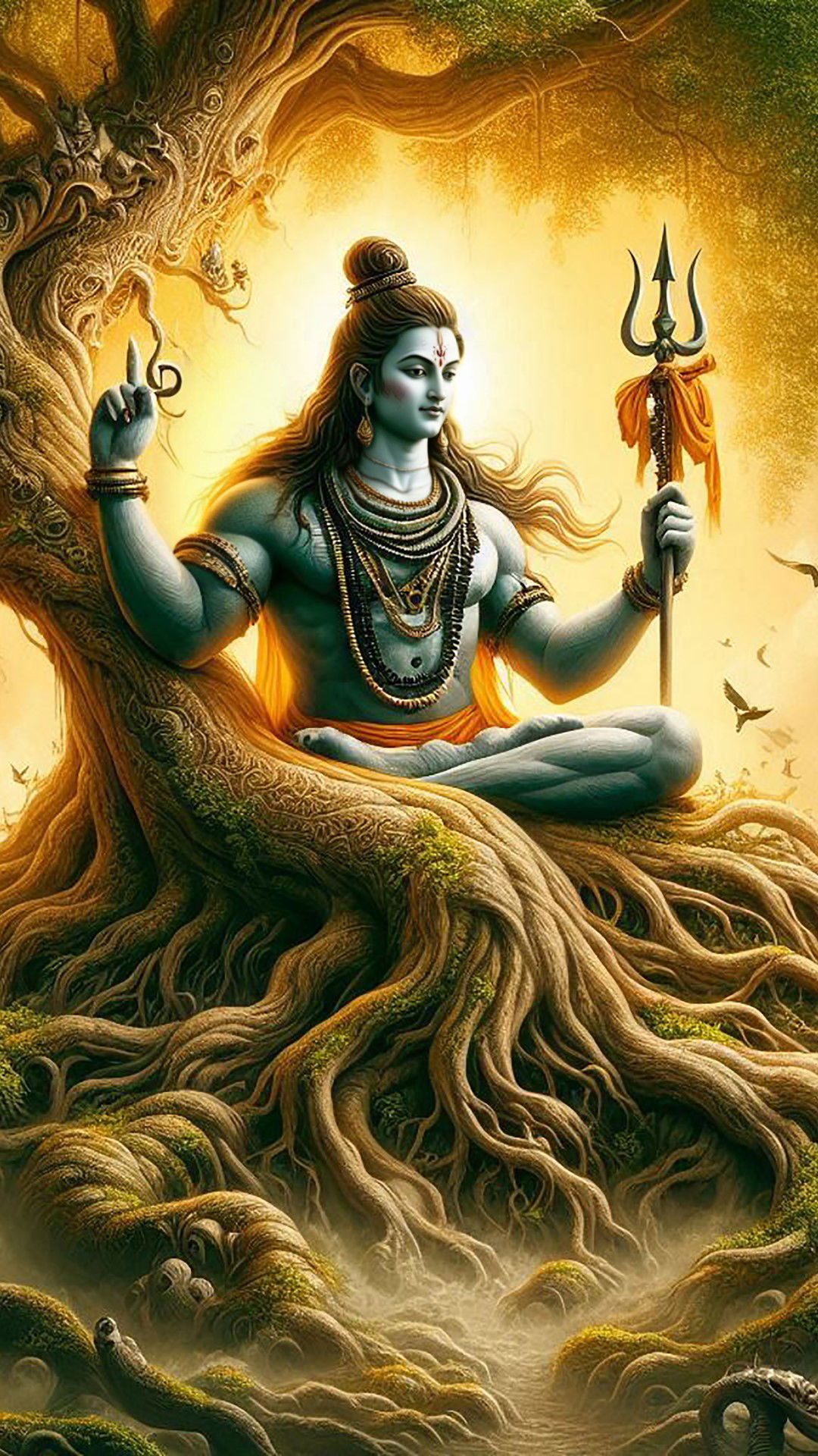 Shiva meditating within tree roots