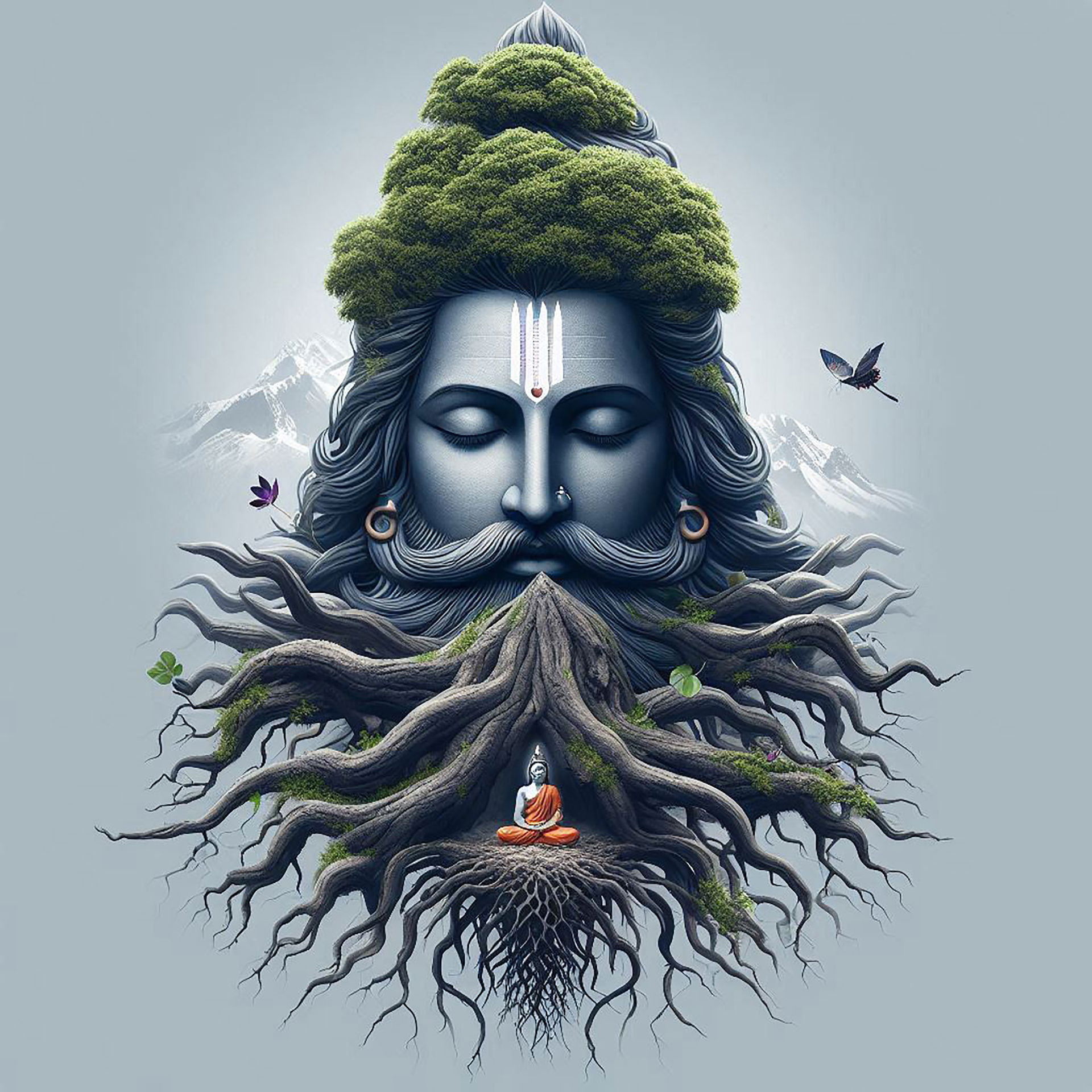 Shiva face merging with mountain roots
