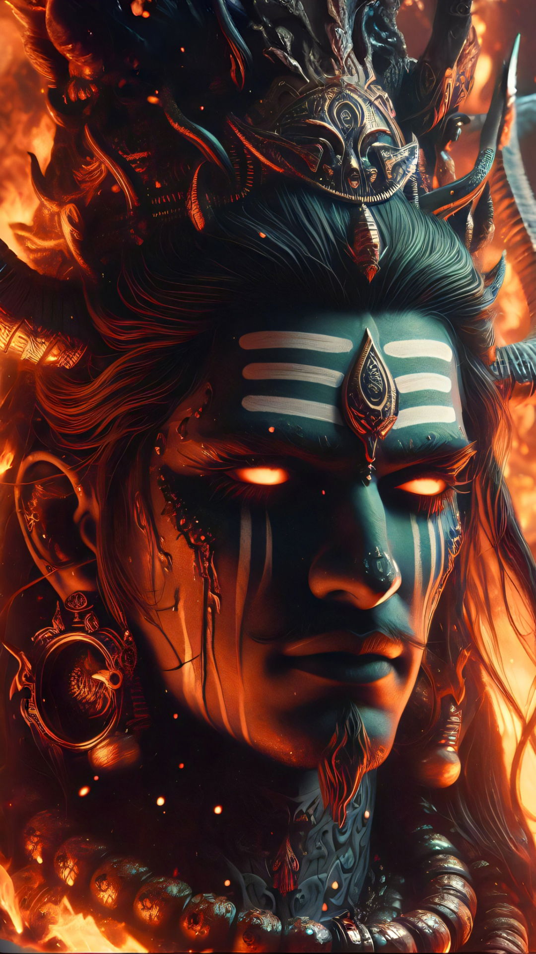 Powerful Shiva portrait amidst fiery backdrop