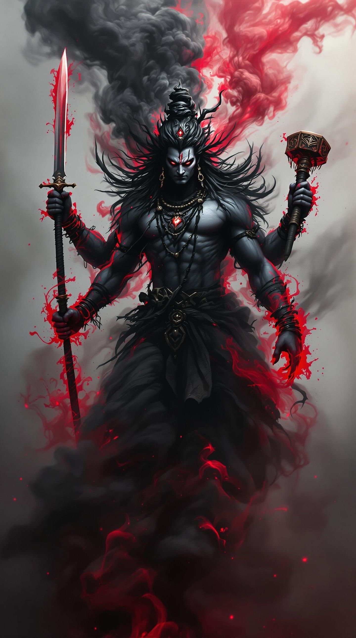 Fierce Shiva with sword and damru.