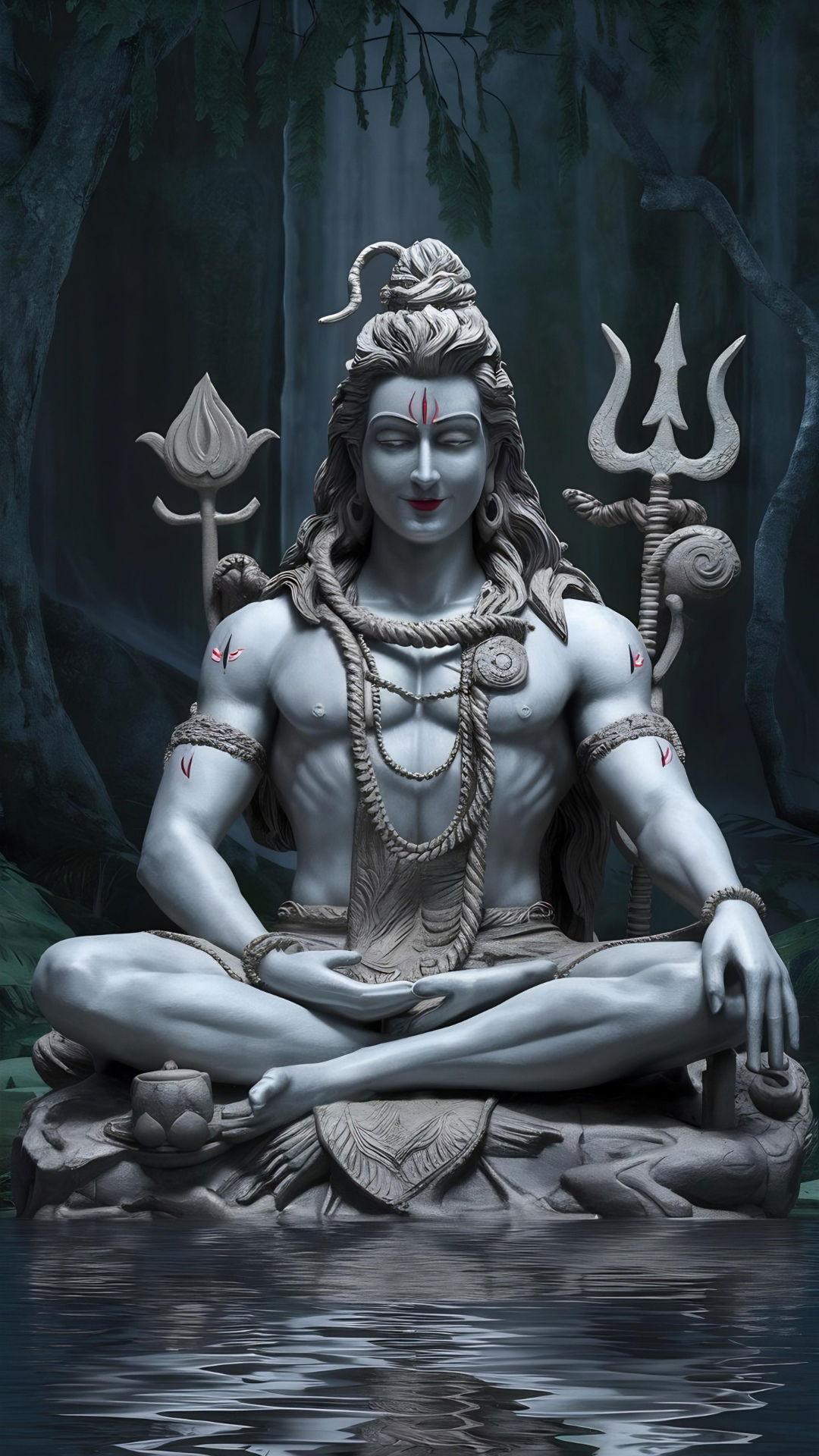 Meditating Shiva in forest setting