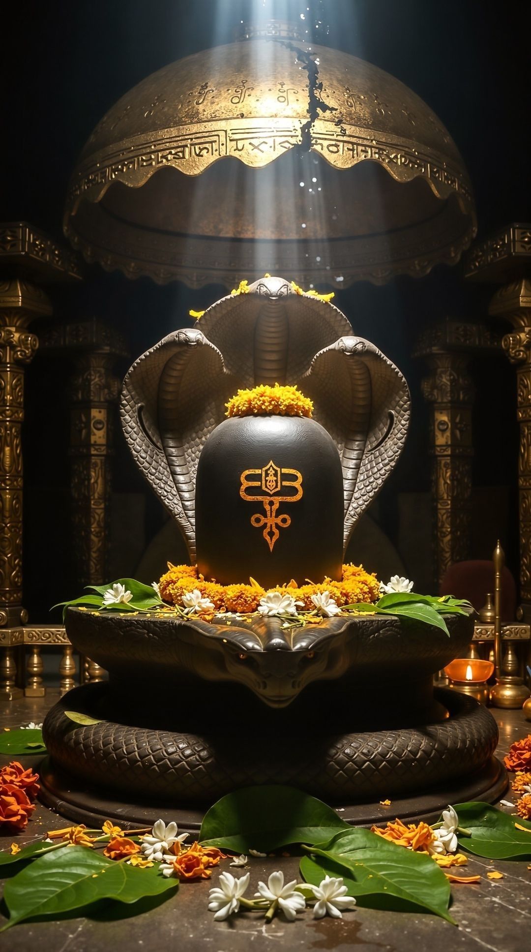 Shiva Lingam with serpent and flowers