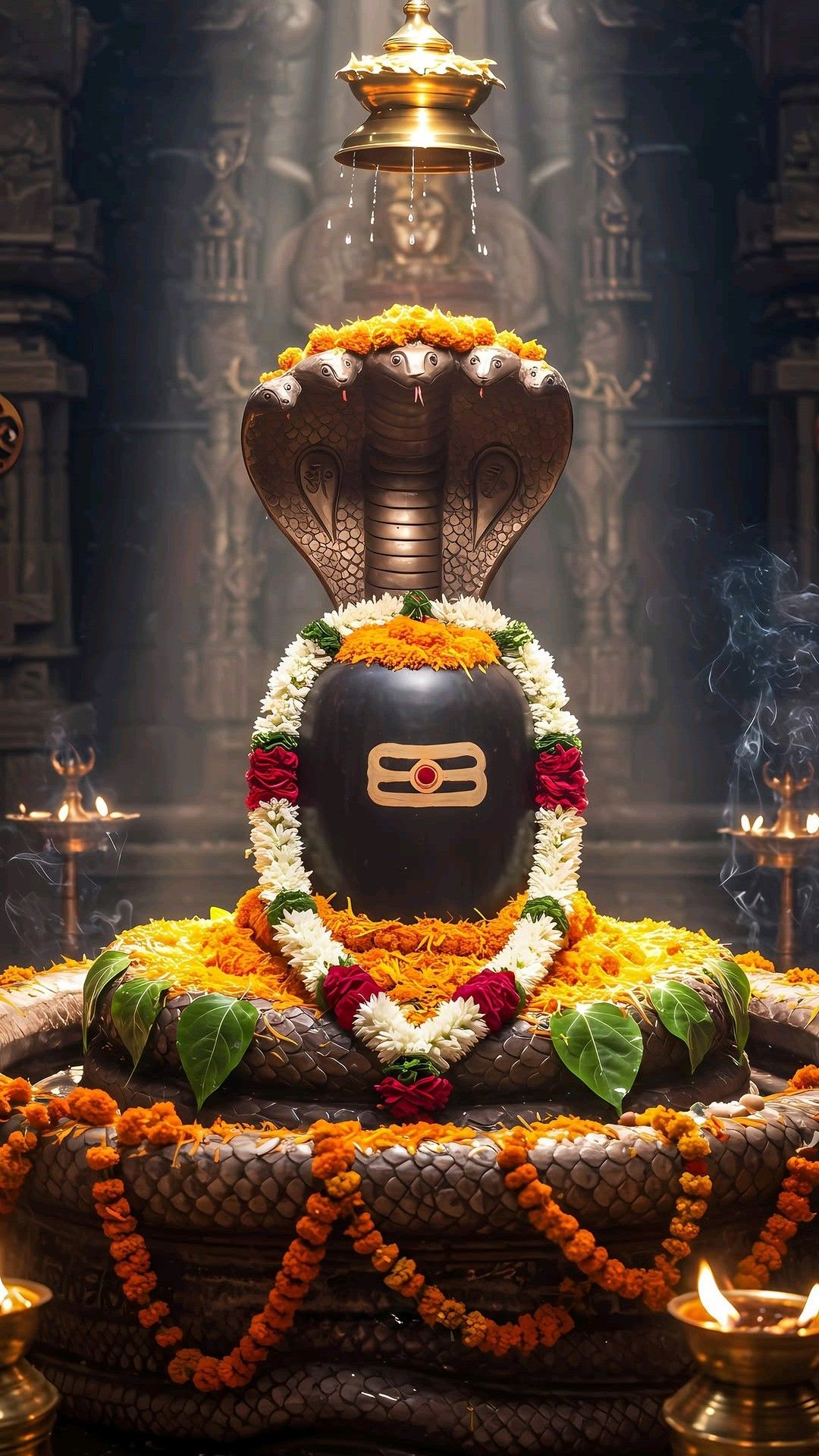 Shivalinga adorned with serpent and flowers.