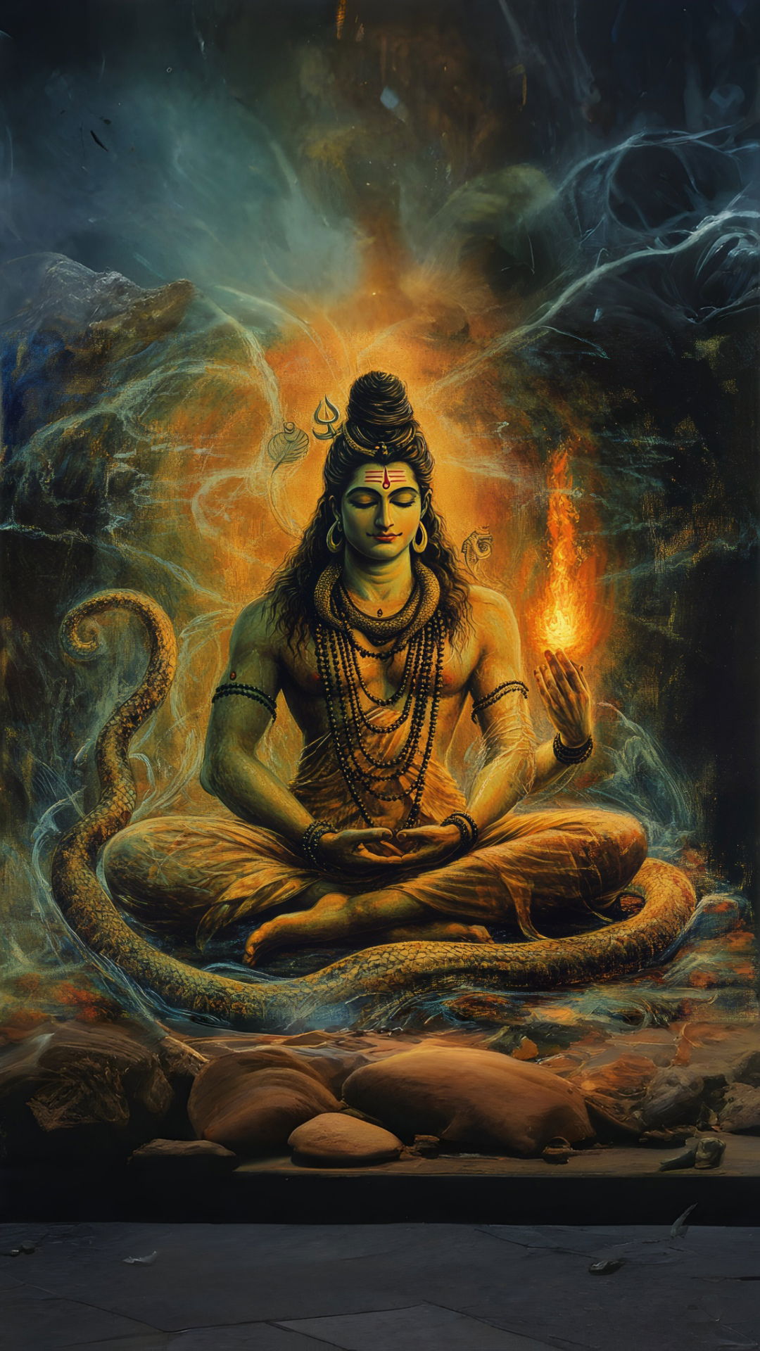 Meditating Shiva with serpent around him