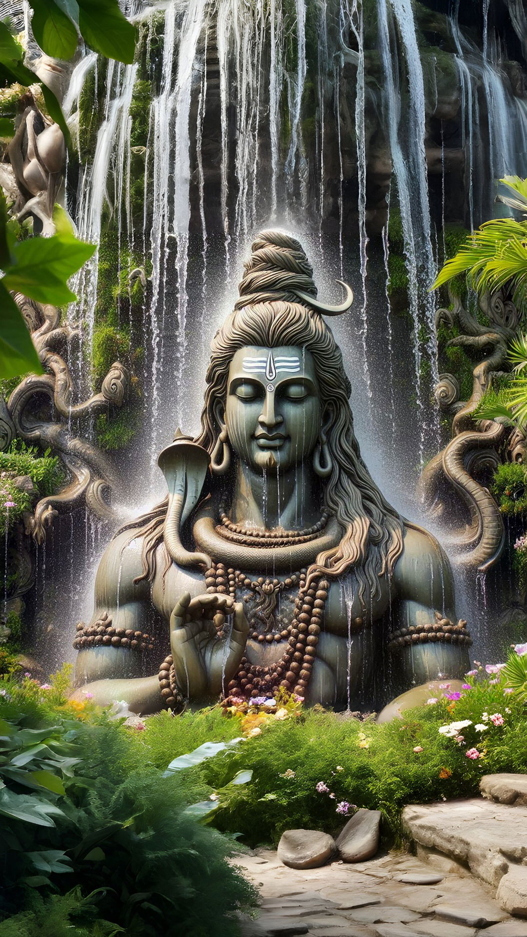 shiva meditating before a waterfall