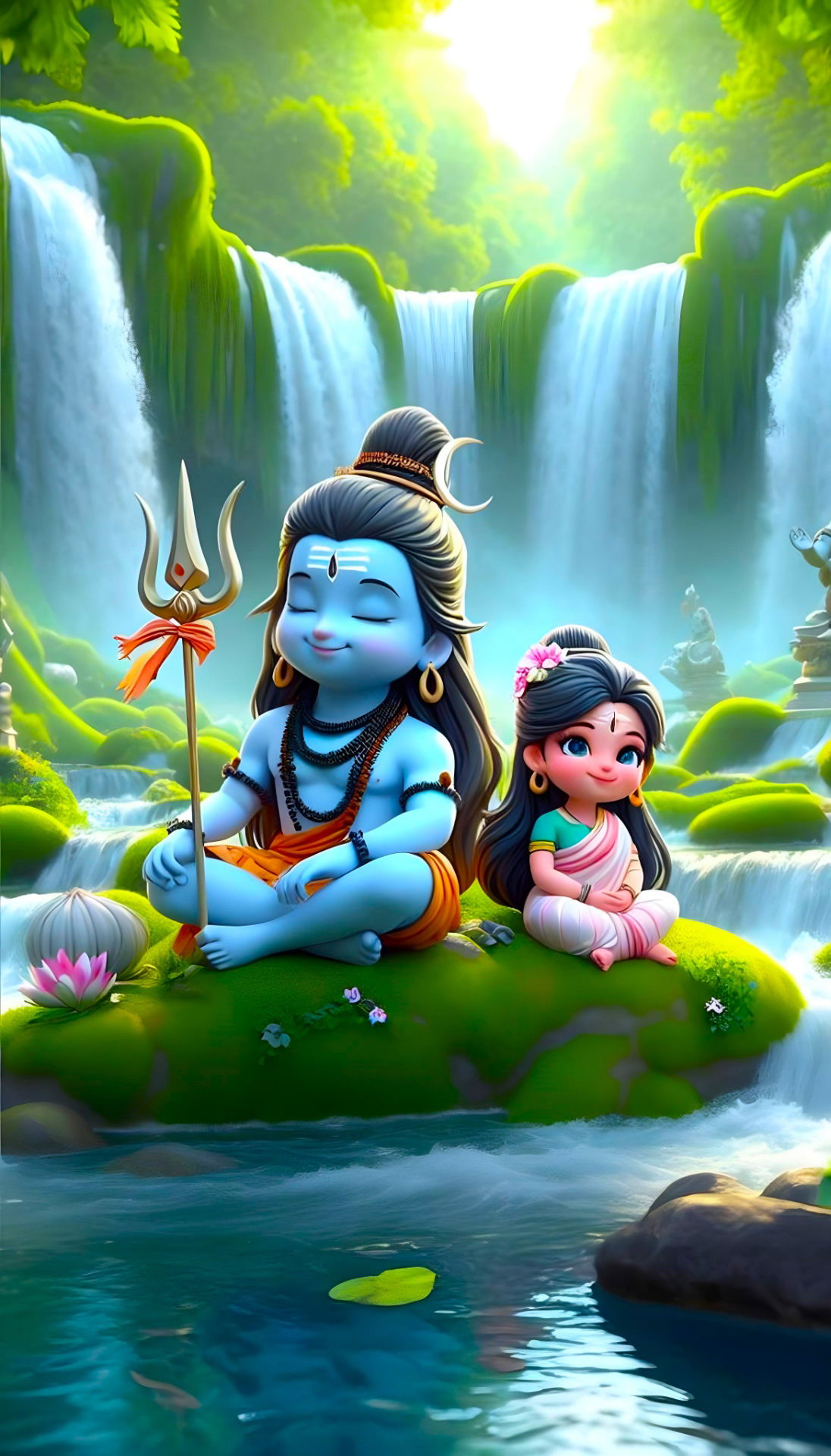 Shiva Parvati meditating by waterfall