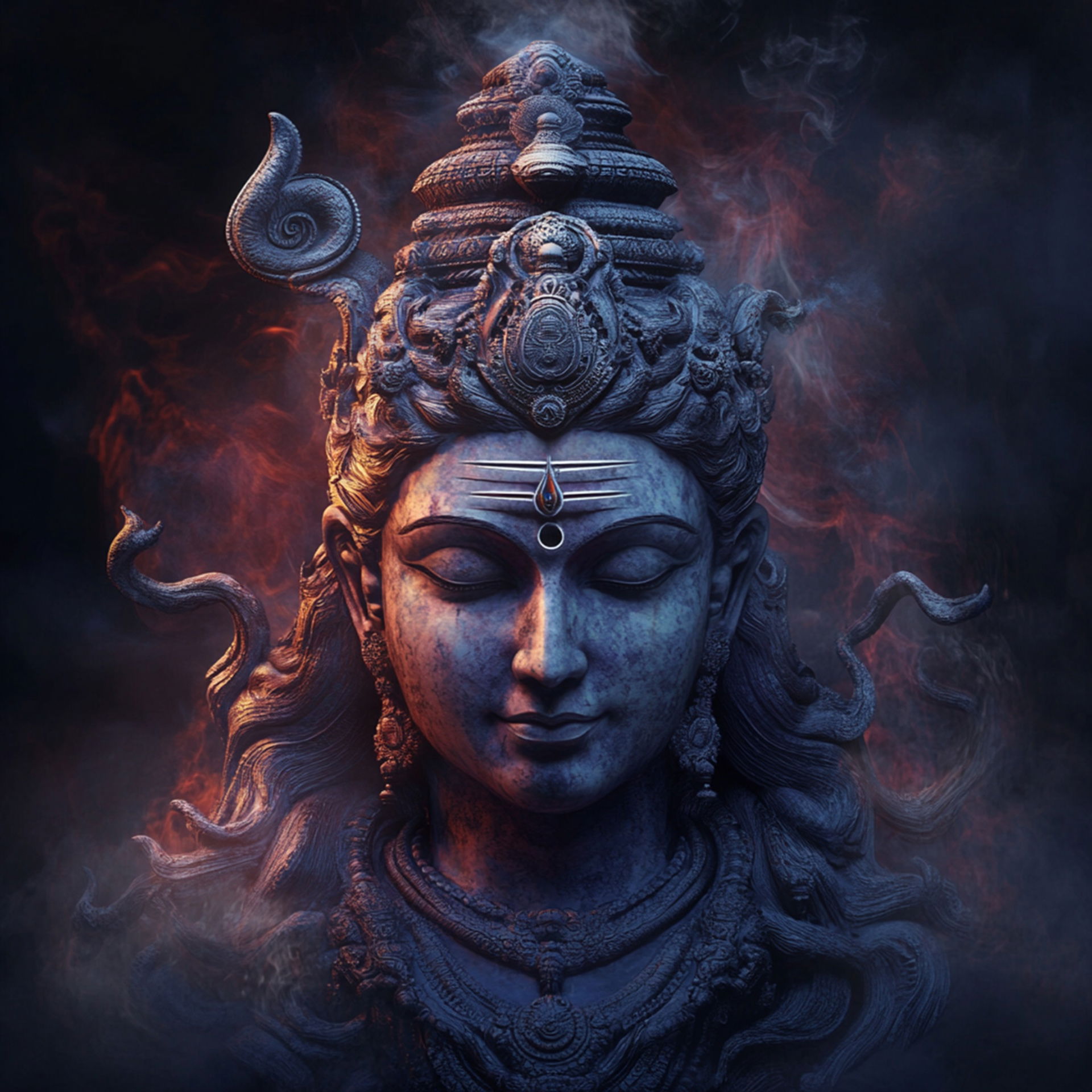Meditating Shiva face with serpent and Trishul
