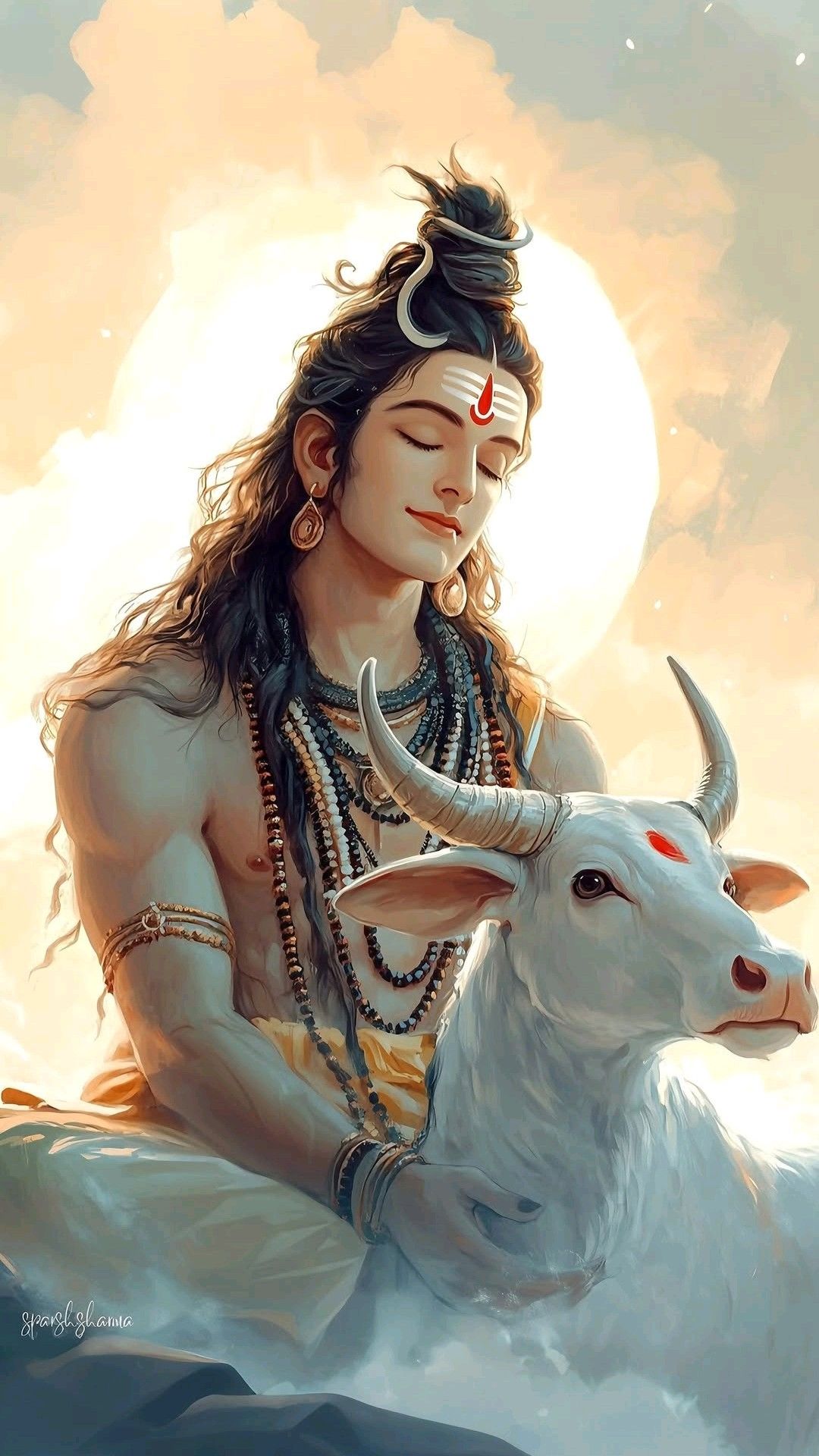 Shiva meditating with Nandi bull.