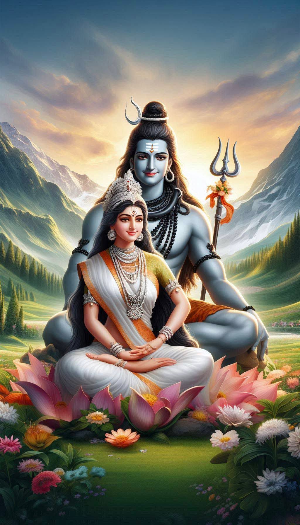 Shiva and Parvati amidst Himalayan mountains