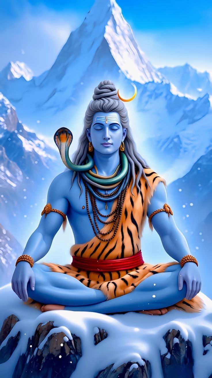 Meditating Shiva amidst snowy mountains