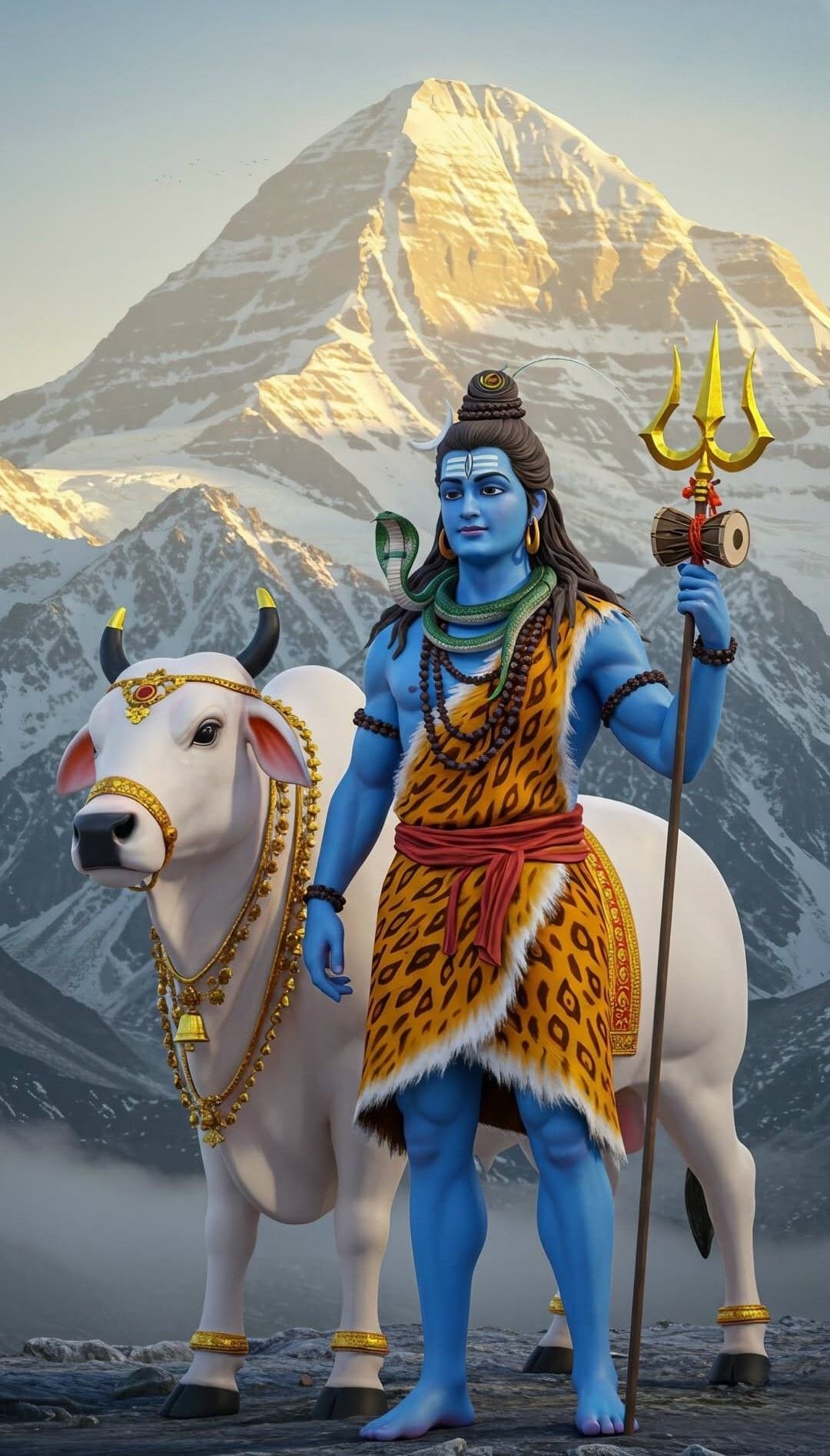 Shiva with Nandi and snowy mountains