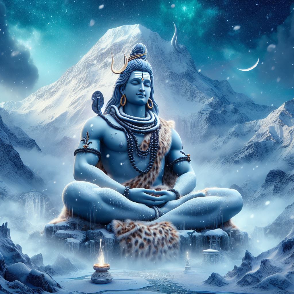 Meditating Shiva amidst snowy mountains