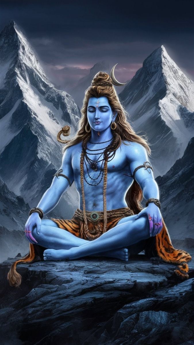 Meditating Shiva amidst snow mountains