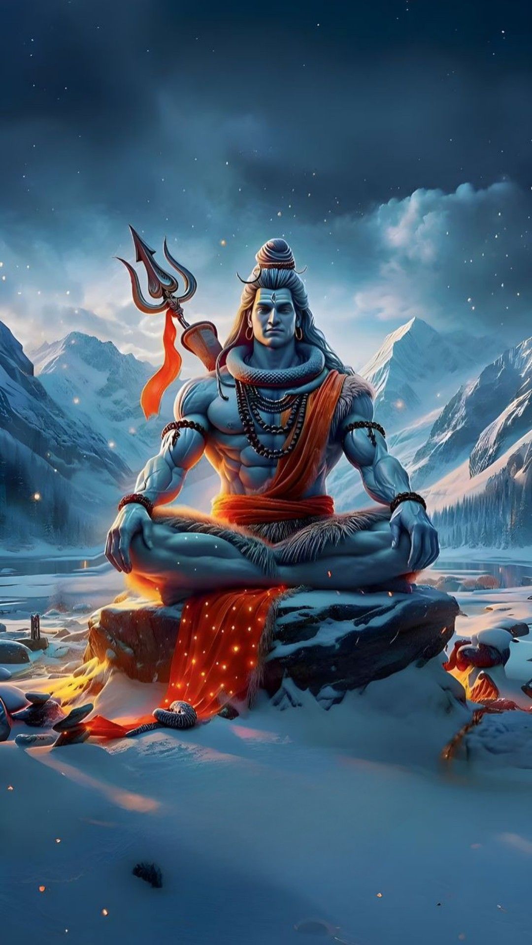 Meditating Shiva amidst snowy mountains