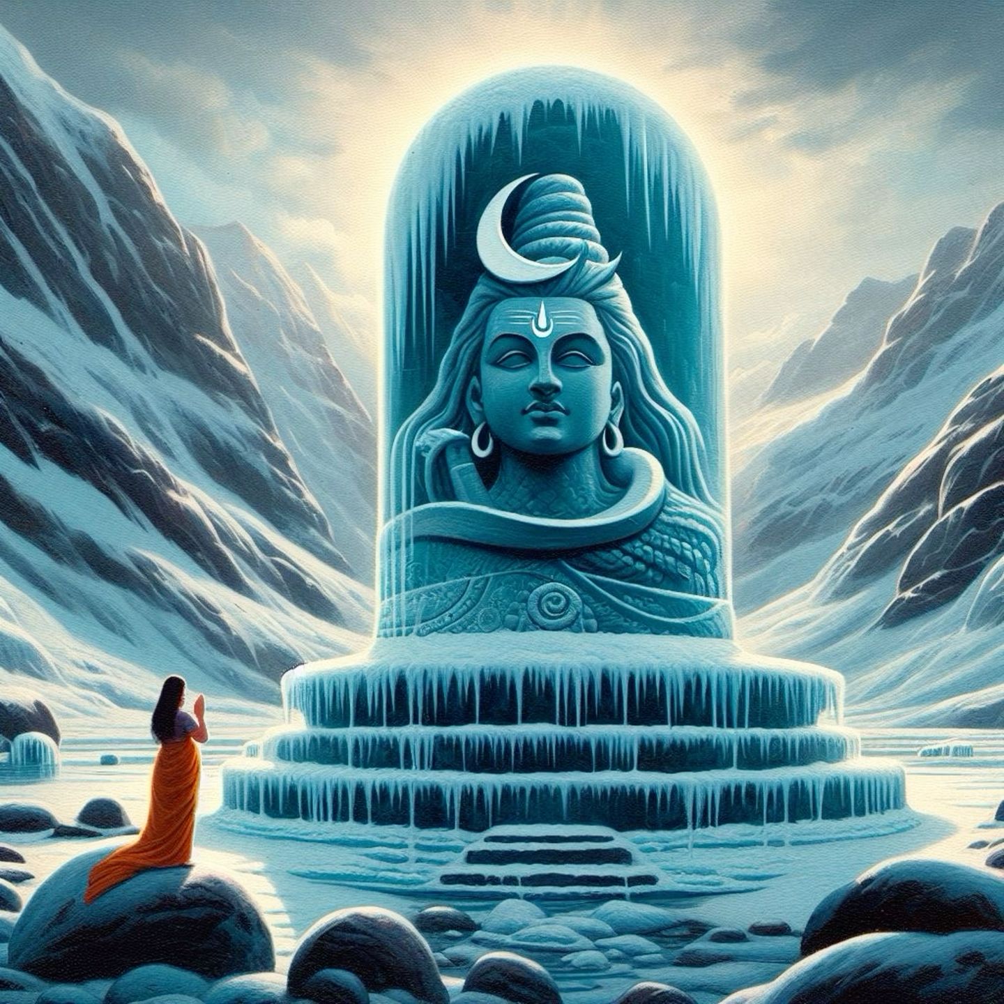 Shiva Lingam amidst snowy mountains