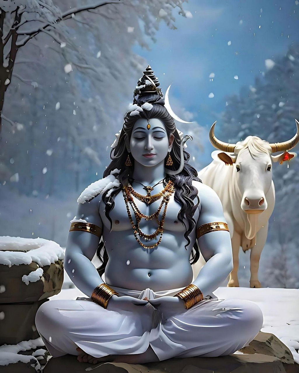 Shiva meditating in snowy mountains