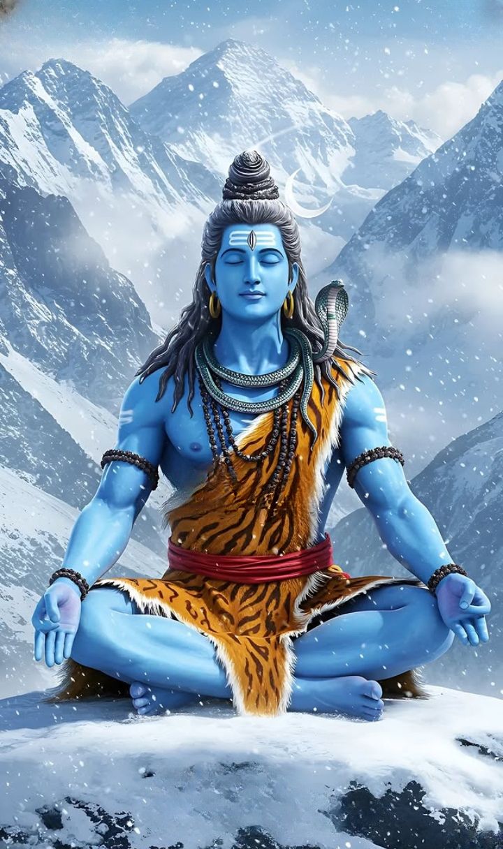Meditating Shiva amidst snowy mountains