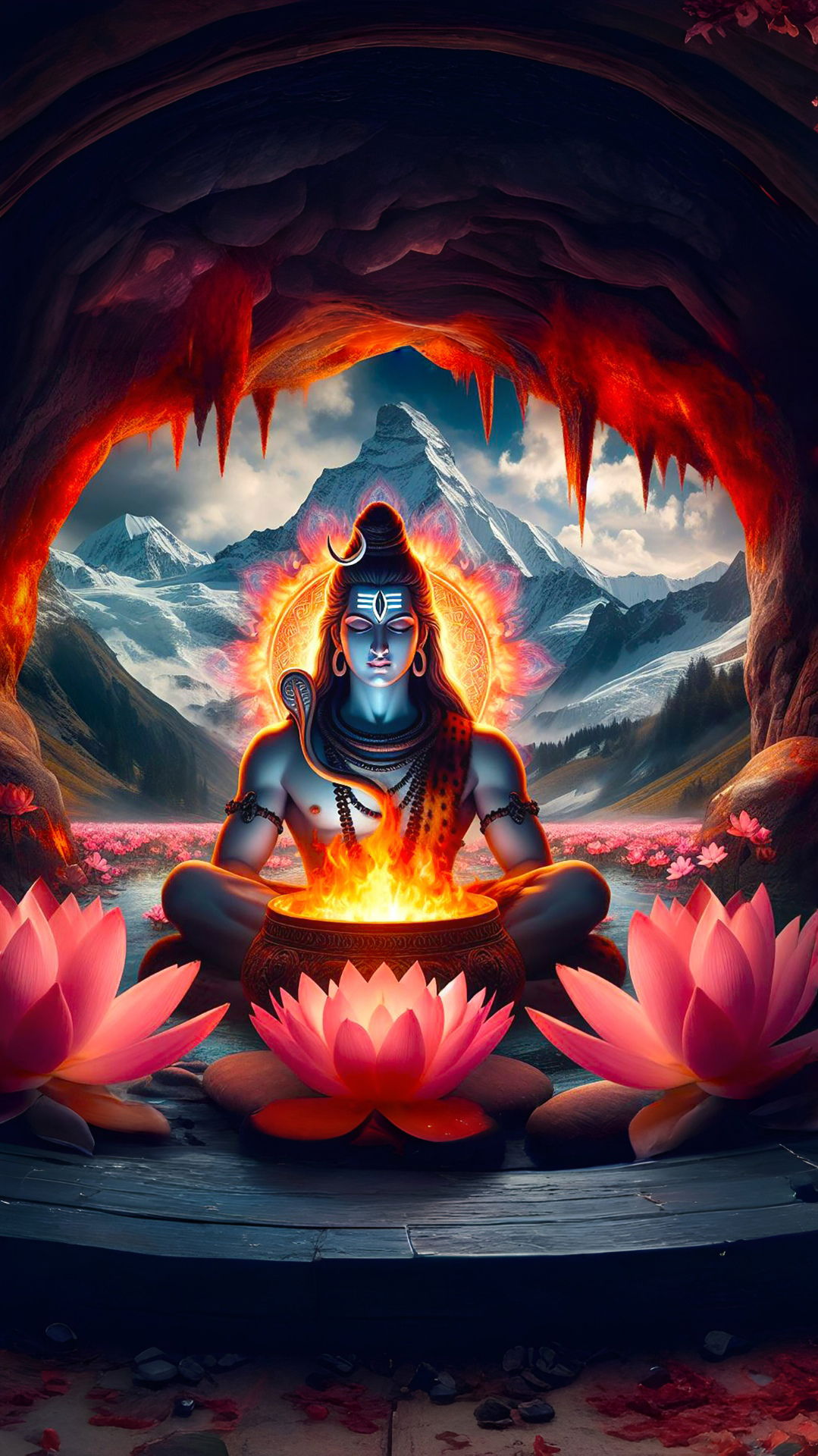 Meditating Shiva amidst Himalayan mountains