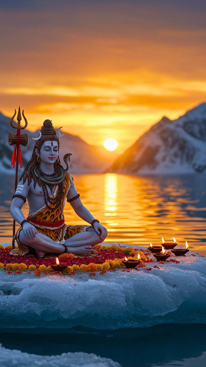 Shiva meditating in the Himalayas sunset