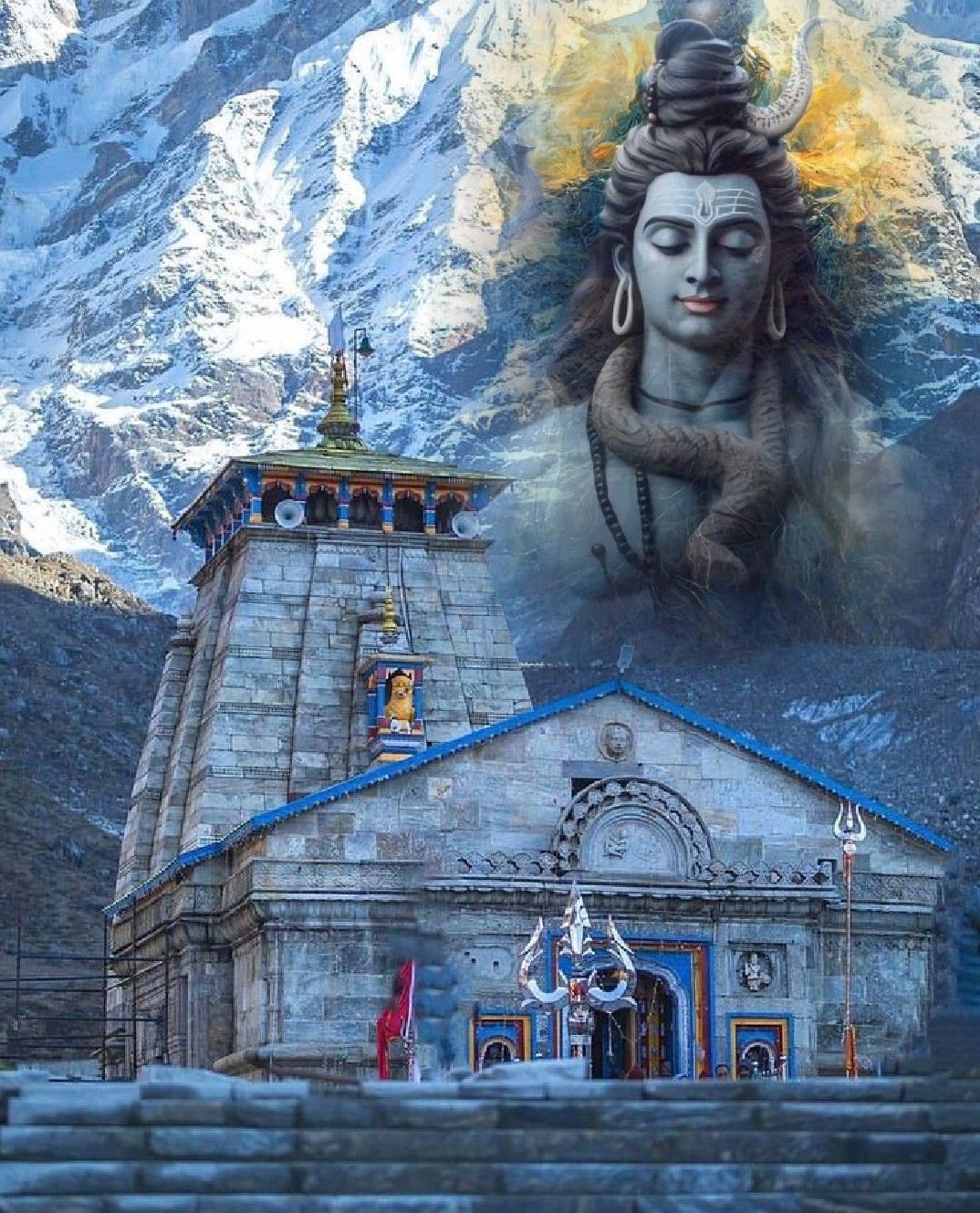 Shiva at Kedarnath temple, snowy mountains