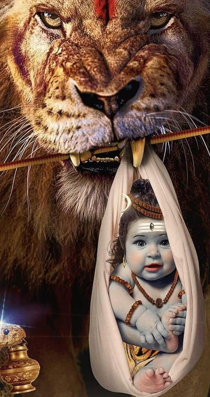 Baby Shiva protected by a lion