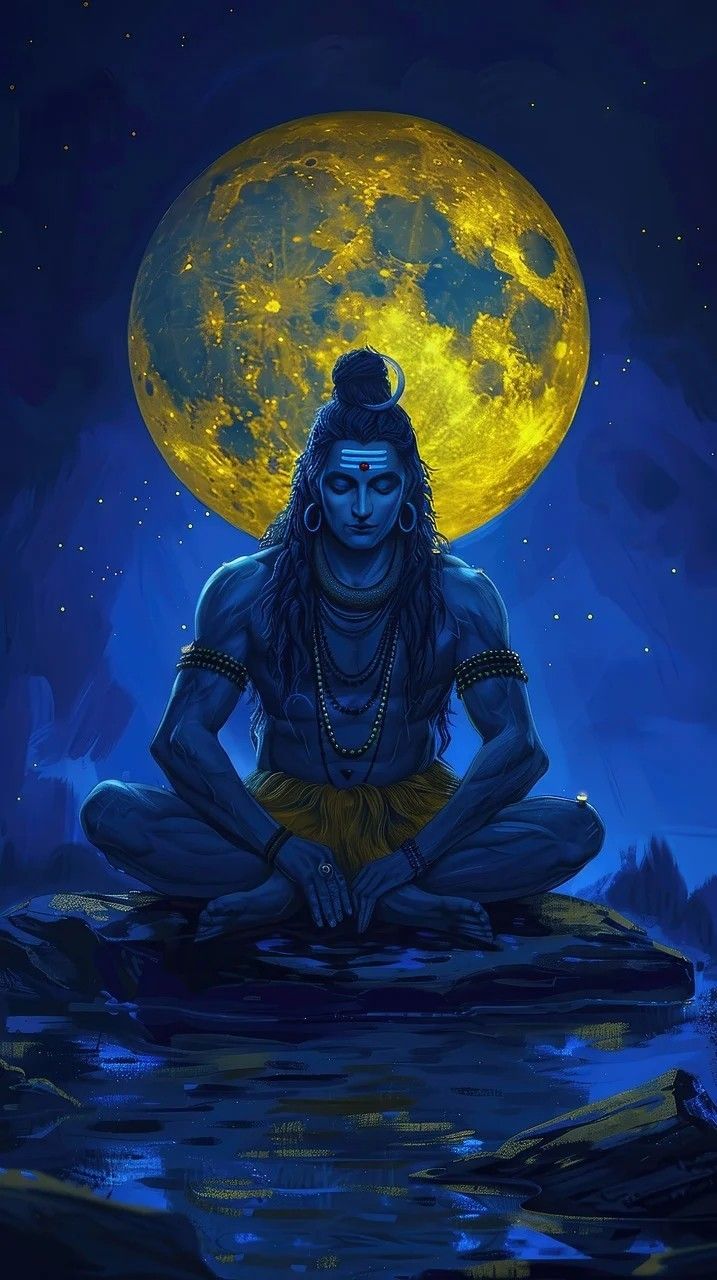 Shiva meditating under a full moon