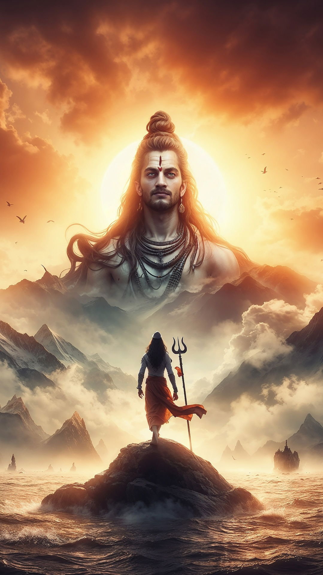 Lord Shiva amidst mountains and sunset