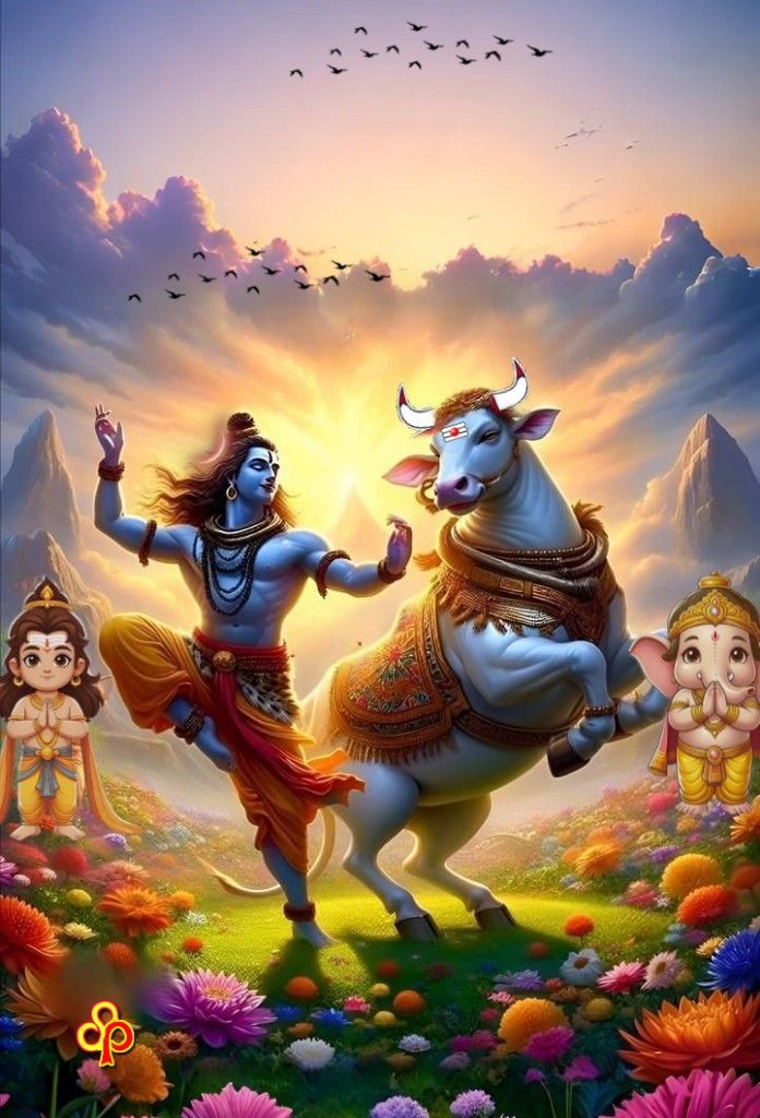 Shiva dances with Nandi and Ganesha