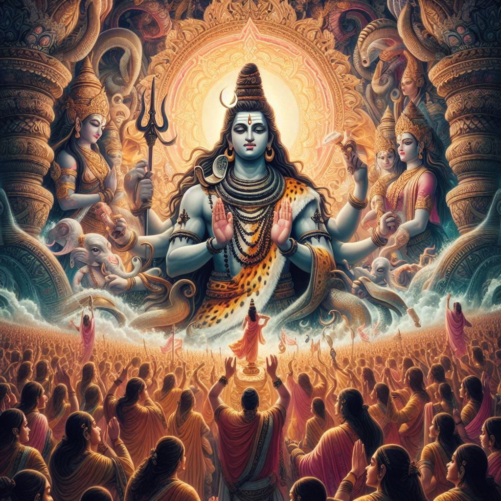 Lord Shiva blessing devotees in cosmic scene
