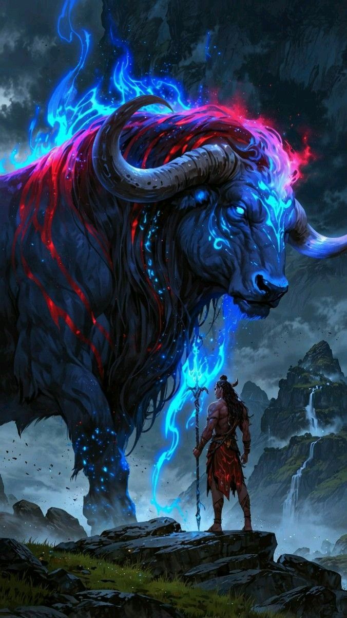 Shiva and Nandi amidst stormy mountains