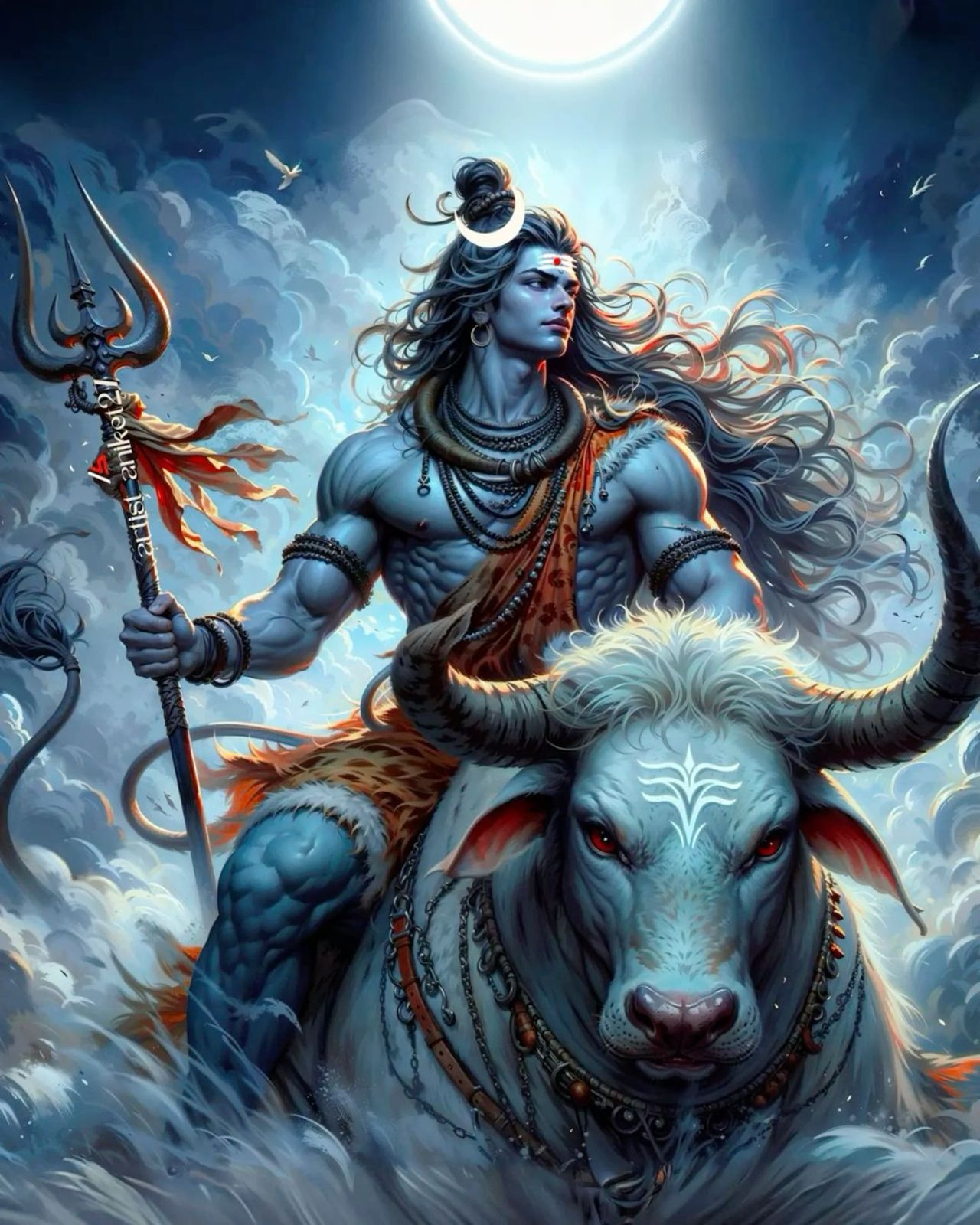 Shiva riding Nandi the bull powerfully