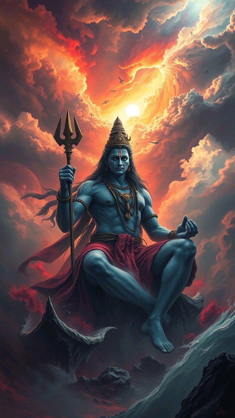 Lord Shiva meditating in fiery landscape