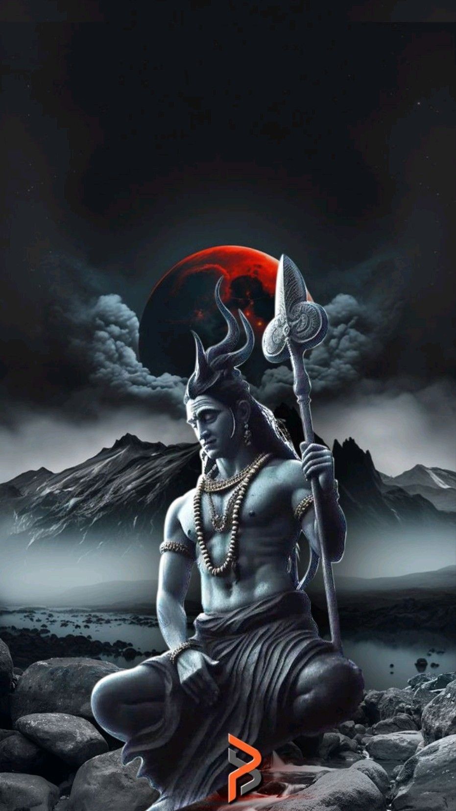 Lord Shiva with Trishul and crimson moon