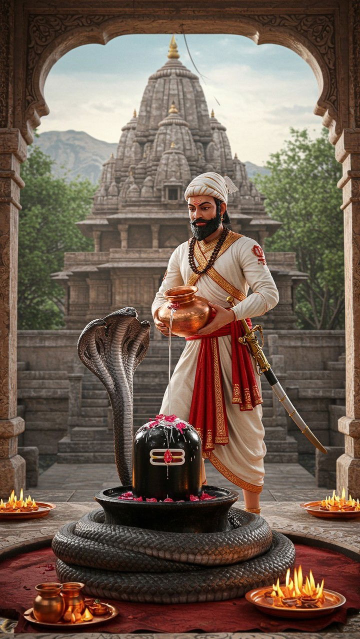 Devotee offering water to Shiva Lingam.