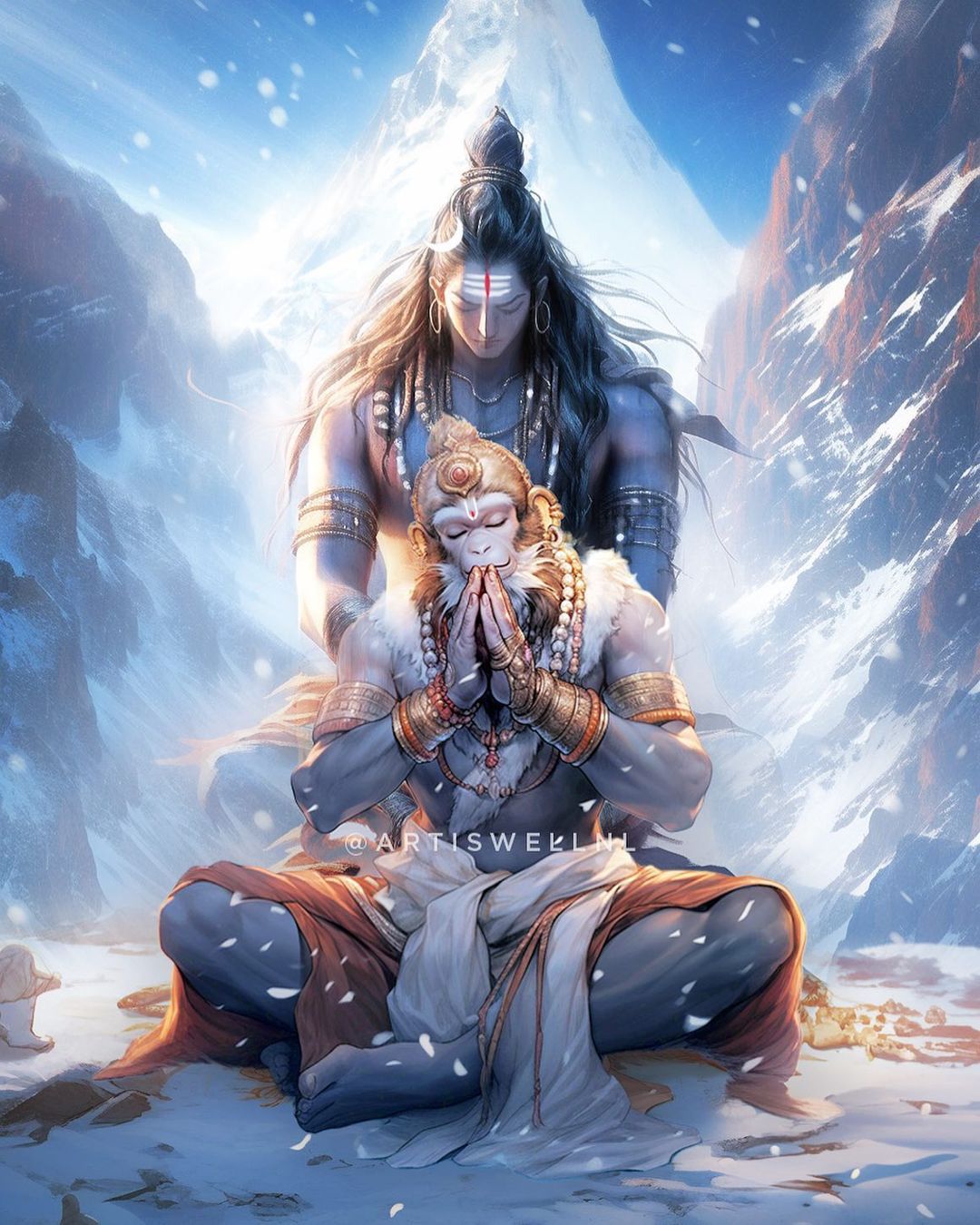 Shiva blessing Hanuman in the Himalayas