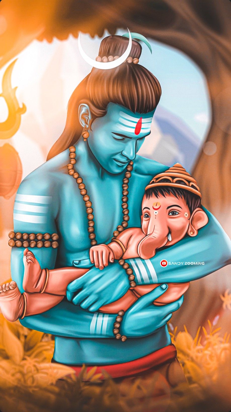 Shiva lovingly holds baby Ganesha.